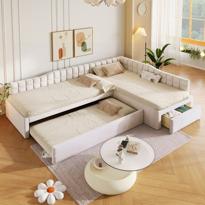 Lit enfant capitonné 90×200cm Lit simple Lit rembourré en L avec lit gigogne 90x190 tiroir de rangement beige