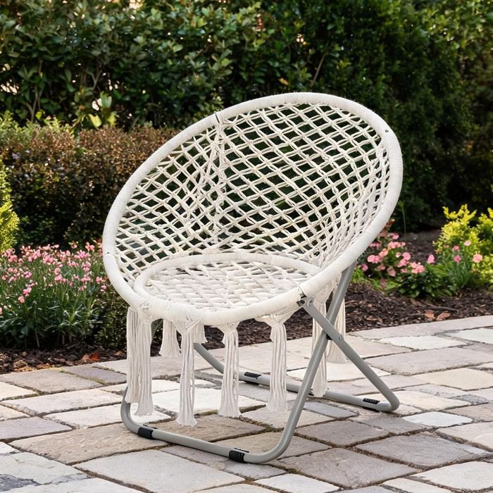 Fauteuil loveuse rond pliable en macramé beige – assise 2 places confort bohème pour jardin et intérieur