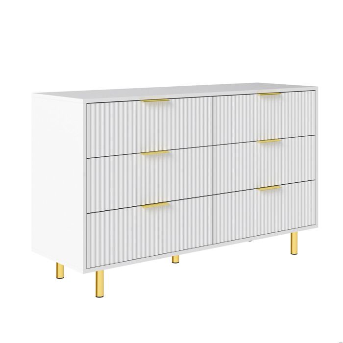 Buffet bas 6 tiroirs – Blanc et or – MDF – 120 x 40 x 72 cm