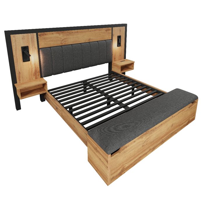 Lit double 160x200 cm avec lampe de lecture USB-C banc avec rangement sommier à lattes bois et lin chêne sans matelas Lit double 160x200 cm avec lampe de lecture USB-C banc avec rangement sommier à lattes bois et lin chêne sans matelas