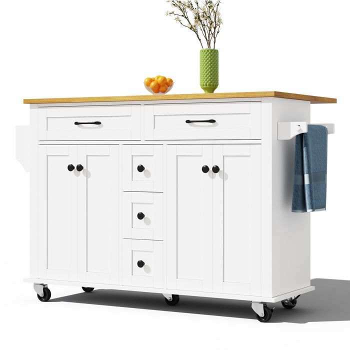 Desserte à roulettes plan rabattable extensible 120x65 cm 5 tiroirs armoires porte-épices et porte-serviettes