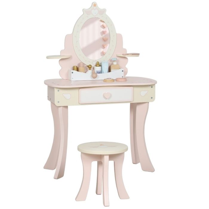 Coiffeuse enfant 2-en-1 avec miroir amovible 7 accessoires tabouret et rangement - Rose