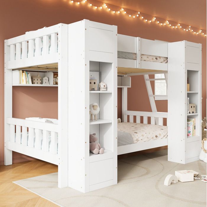 Lit superposé enfant 90x200 cm blanc avec rangements 2 armoires frontales étagère suspendue échelle réversible