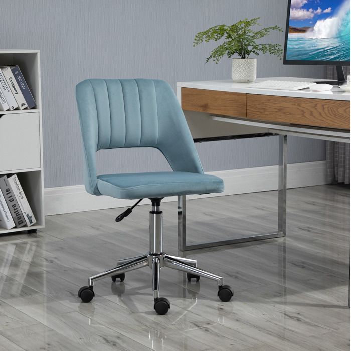 Chaise de bureau ergonomique velours bleu réglable en hauteur pivotante avec roulettes dossier haut métal JOINERY
