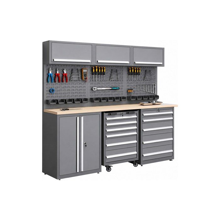 Établi en bois et acier - L225 x P57 x H202 cm - Gris anthracite - ATELIOR Établi en bois et acier - L225 x P57 x H202 cm - Gris anthracite - ATELIOR