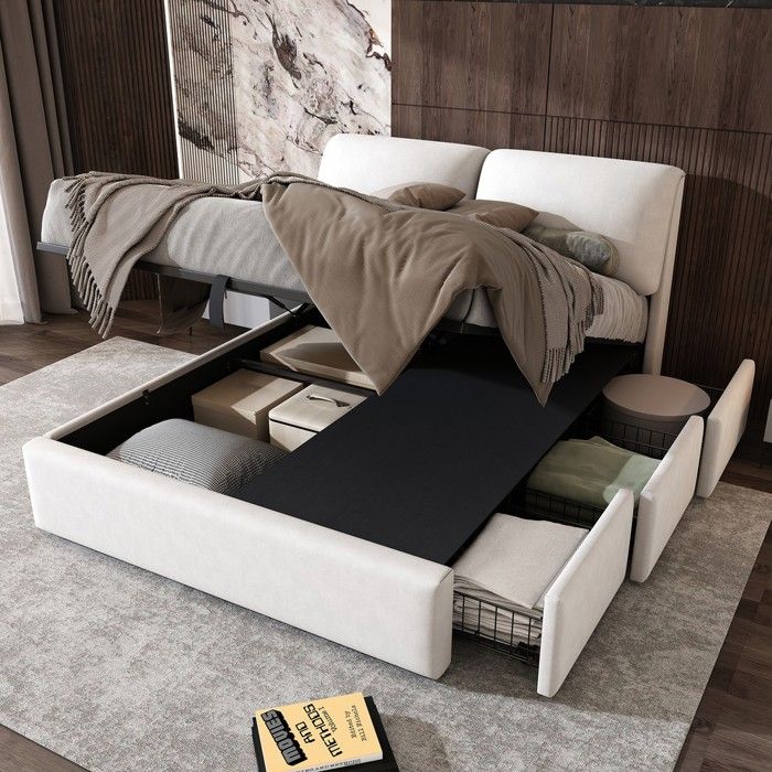 Lit rembourré 140x200 beige velours hydraulique avec sommier à lattes tête de lit 3 tiroirs coffre rangement sans matelas Lit rembourré 140x200 beige velours hydraulique avec sommier à lattes tête de lit 3 tiroirs coffre rangement sans matelas