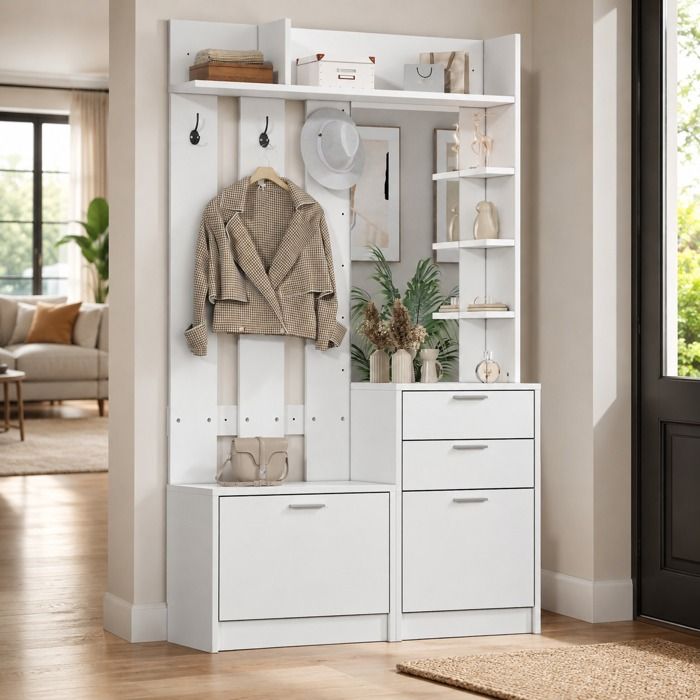 Vestiaire dentrée - Meuble dentrée - LEMONMAX - 110x34x185 cm - blanc - armoire à chaussures - portemanteau - miroir