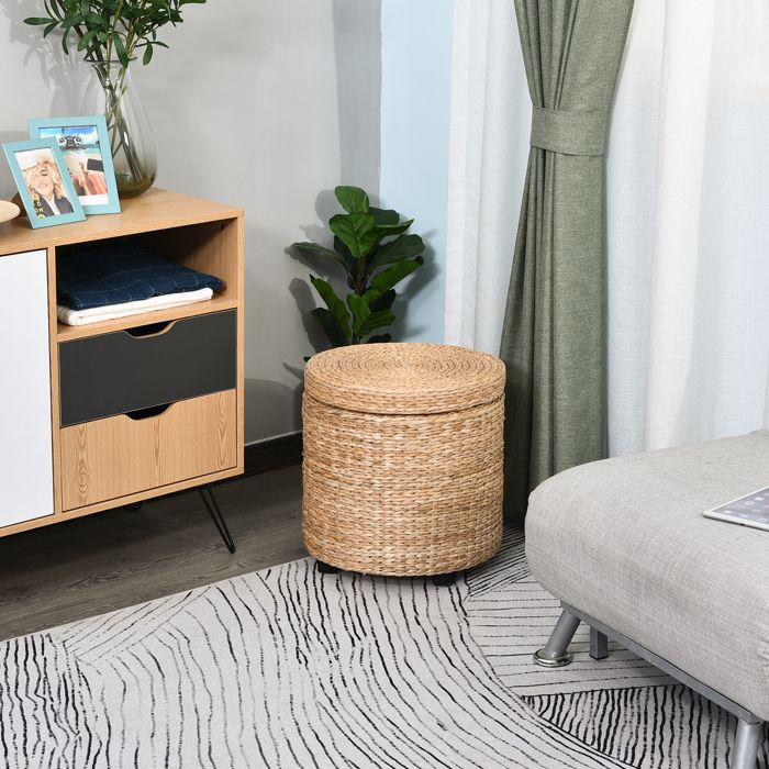 Pouf de rangement tabouret coffre en rattan avec couvercle amovible Ø43x43 cm khaki 120 kg style naturel JOINERY