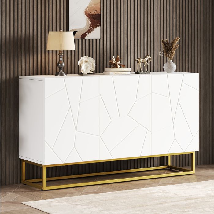 Buffet bas 130 cm blanc et doré brillant 3 portes avec étagères réglables panneaux de particules et pieds métal FOLYNA