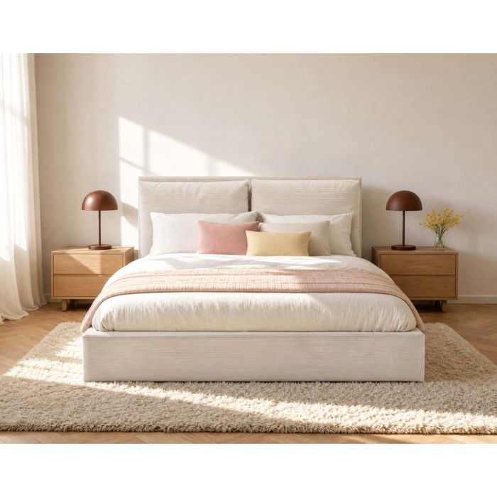 Pivoine - lit coffre queen size - 160x200 - en velours côtelé - sommier inclus - Beige