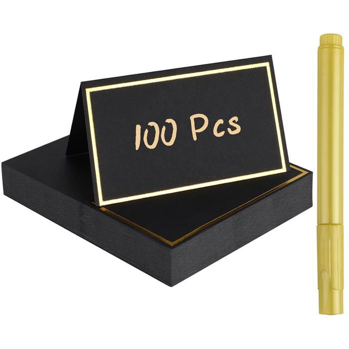 100 marque-places noirs cadre doré 10 2 x 8 5 cm en carton épais - porte-noms vierges avec stylo marqueur inclus