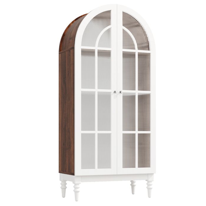 Vitrine 76x38 5x165 cm avec portes en verre texturé 3 étagères façade cintrée et pieds en bois meuble de rangement vintage Vitrine 76x38 5x165 cm avec portes en verre texturé 3 étagères façade cintrée et pieds en bois meuble de rangement vintage