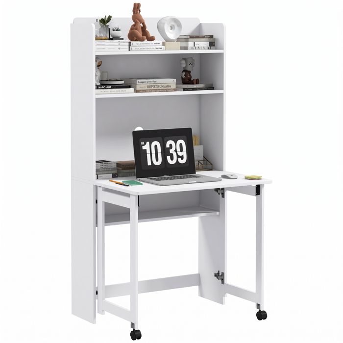Bureau pliable extensible – 4 étagères et roulettes – pour chambre et salon – 80x69x155 cm blanc