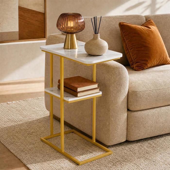 OHMG-Table Dappoint En Bois De Fer À Double Plateau-Table Chevet-Étanche-Épaissi Et Renforcé-50*30*58cm-Surface En Marbre