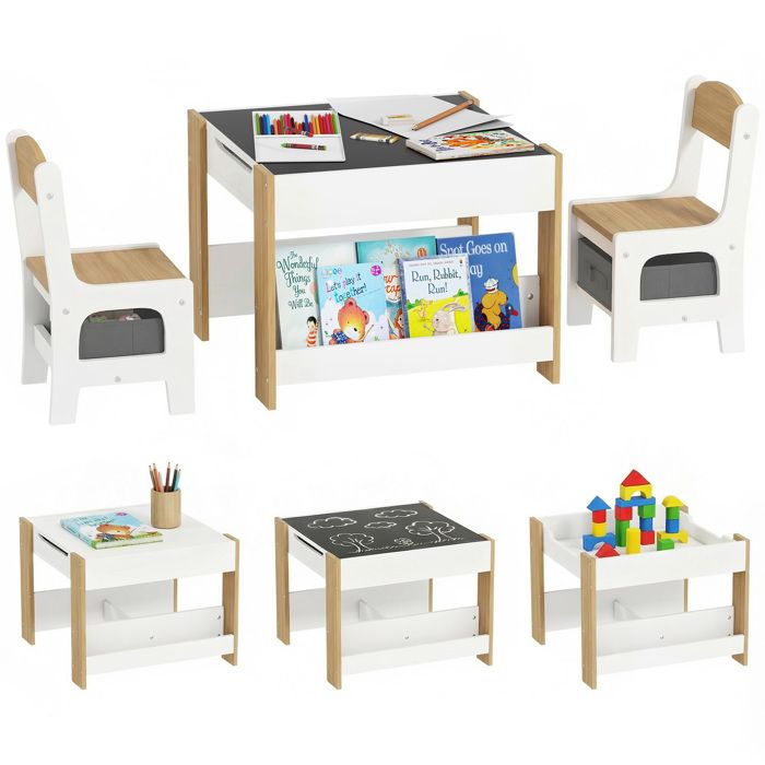 Ensemble table 2 chaises enfant – Plateau réversible tableau noir rangement MDF E1 – pour dessin jeux et lecture – Blanc