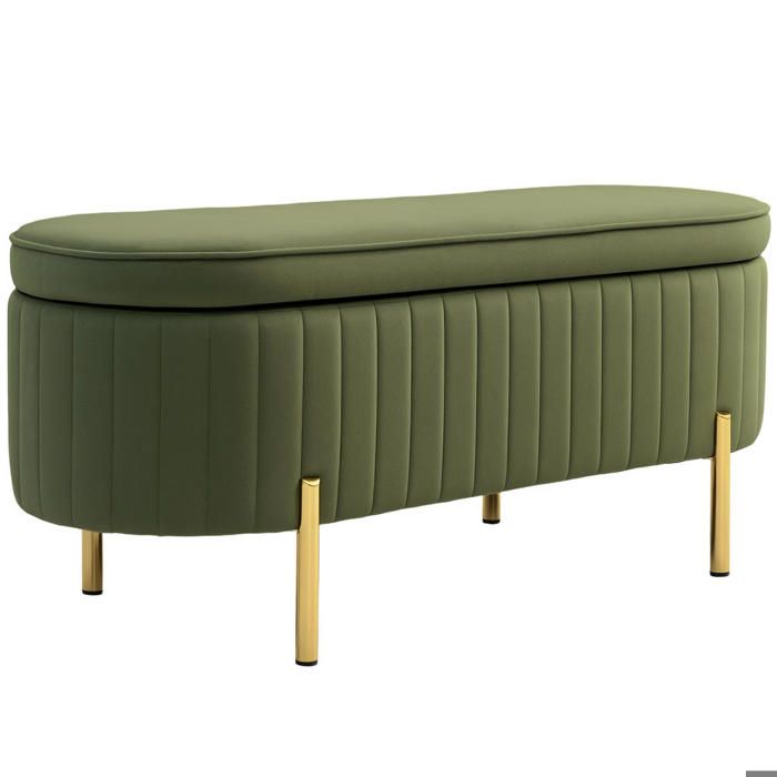 Banc de Rangement Ovale 72L Bout de Lit Coffre en Velours Vert Foncé Assise Relevable Pieds Métal Doré 108x44x43.5 cm