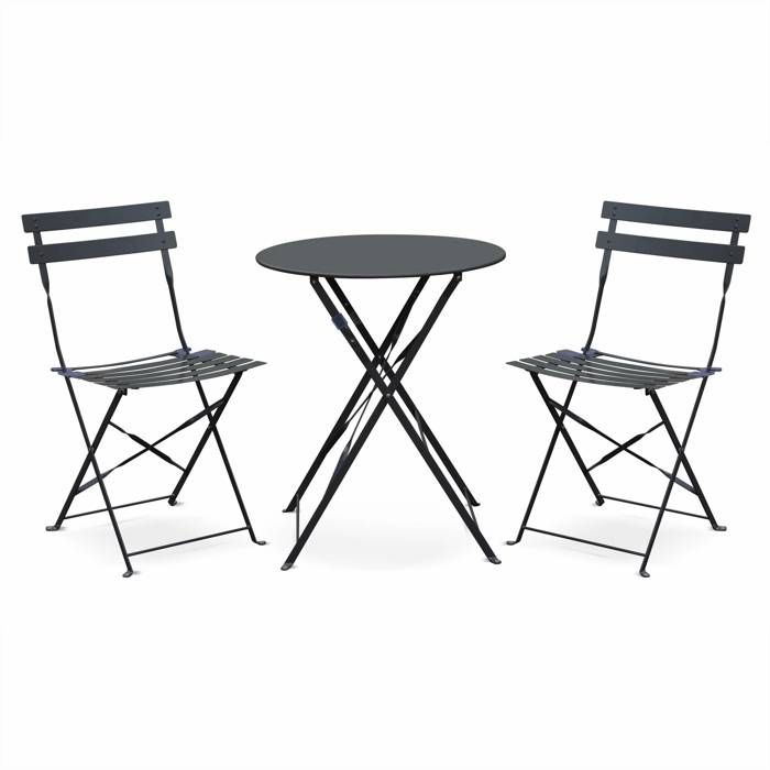 Salon de jardin bistrot pliable - Emilia rond gris anthracite - Table Ø60cm avec deux chaises pliantes, acier thermolaqué