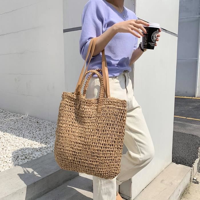 Sac Bandoulière En Paille Bohème - Grand Format, Léger Et Décontracté - Bleu