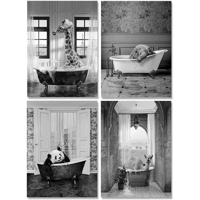 Poster Animaux Salle De Bain 30x40cm - Dessin Noir Et Blanc Humour, Déco Toile Sans Cadre