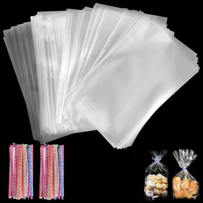 100 Sachets Bonbons Halloween - Sacs Plastique Transparent 27.5x12.5cm - Avec Attaches Twist - Pour Friandises, Fêtes, Anniversaire