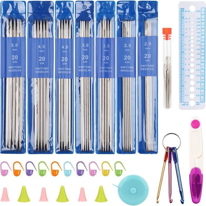 Lot de 35 aiguilles à tricoter à double pointe en acier inoxydable avec accessoires de tricot