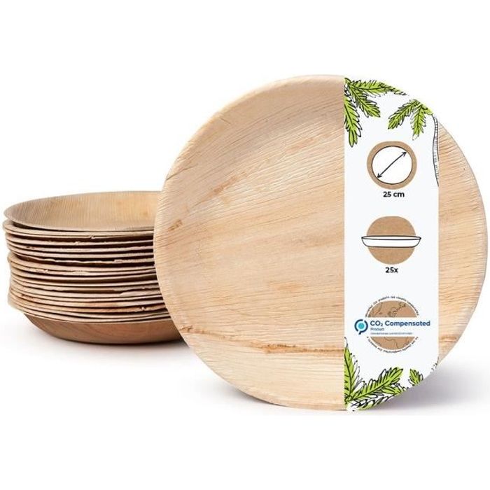ASSIETTE JETABLE - Assiette rond en feuille de palme - Assiette jetable biodégradable et sans plastique - Ø 25cm, 25 pièces