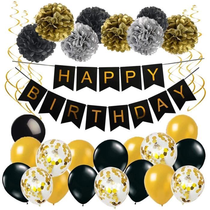 Anniversaire Banniere Noir Or Decoration Anniversaire Baudruche Avec 1 Happy Birthday Banderole 17 Ballons En Latex 8 Pompons En Pap Cdiscount Maison