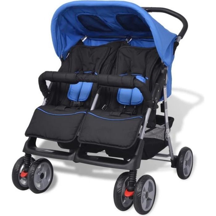 Poussette Double Twin - Poussette à deux places Canne Convient à 1-2 enfants pour Bébé - Acier Bleu et noir