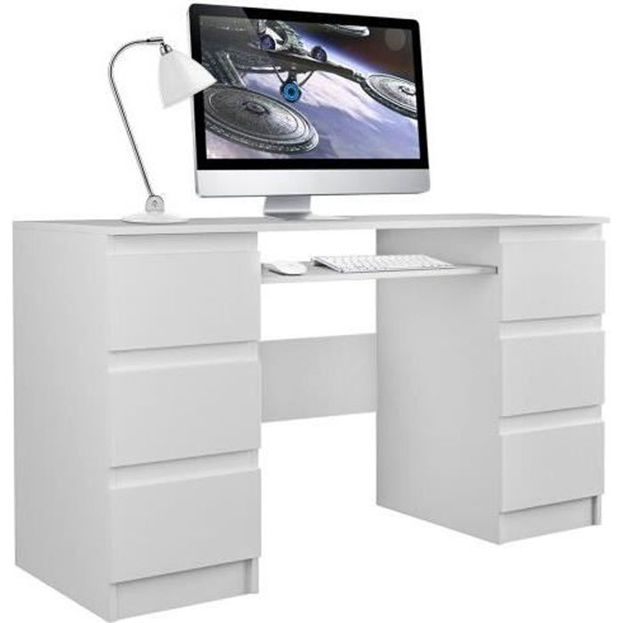 BARI - Bureau informatique - Bureau dordinateur - 6 Tiroirs + Support clavier coulissant - Mobilier de bureau - Blanc