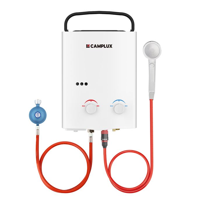Chauffe-eau à Gaz à 5 Litres Portatif, CAMPLUX AY132-DE Instantané Extérieur Chauffe Bain à Gaz, Propane ou Butane, 50mbar