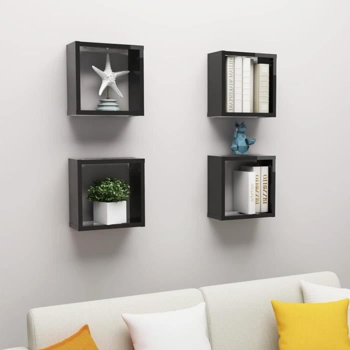 Lot De 2 étagères Murales Cube Design – Noires – Bois – Intérieur/Extérieur