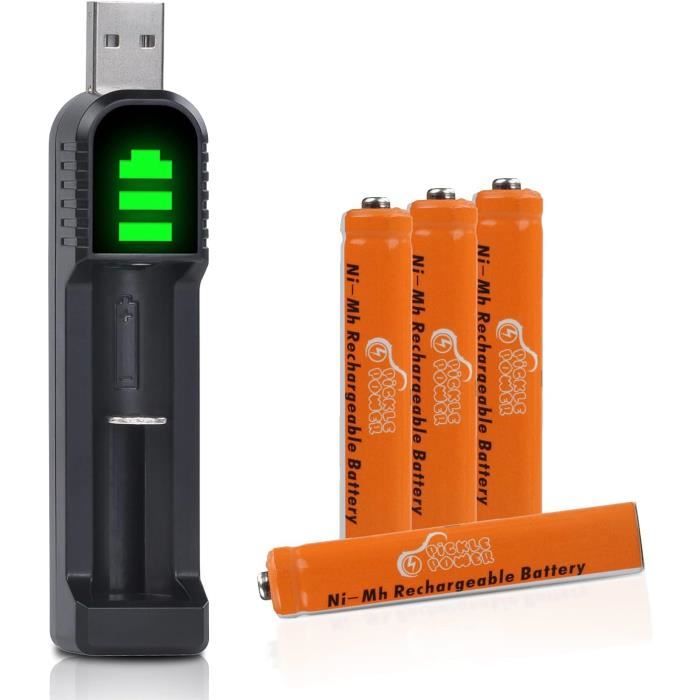 Piles AAAA Rechargeables Pickle Power - 4x 500 MAh + Chargeur USB - Pour Surface Pen, Souris, Brosse à Dents