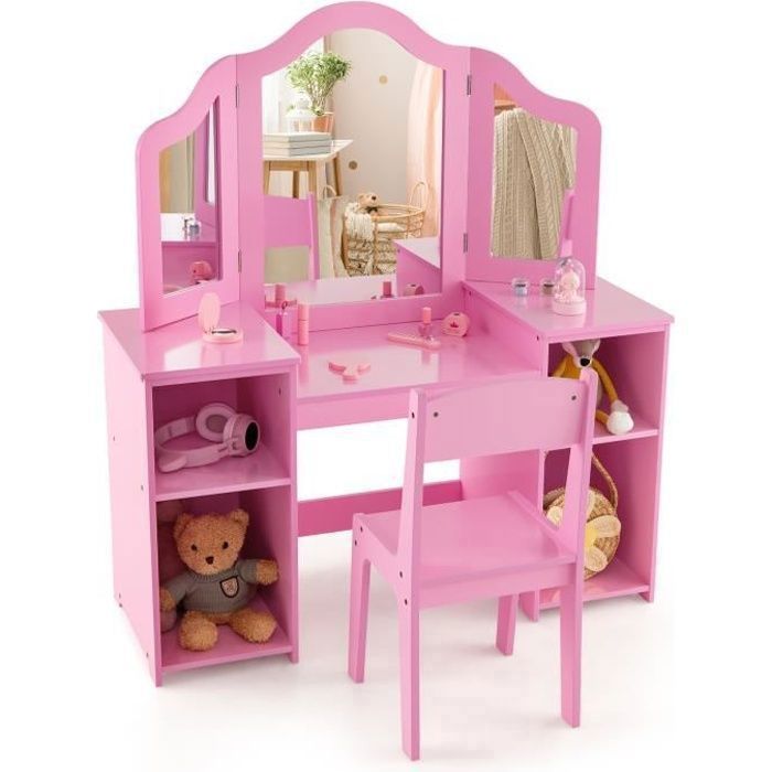 COSTWAY Coiffeuse et Tabouret pour Enfants - Miroir Amovible à 3 Volets - Table de Maquillage - Dispositif Anti-basculement - Rose COSTWAY Coiffeuse et Tabouret pour Enfants - Miroir Amovible à 3 Volets - Table de Maquillage - Dispositif Anti-basculement - Rose