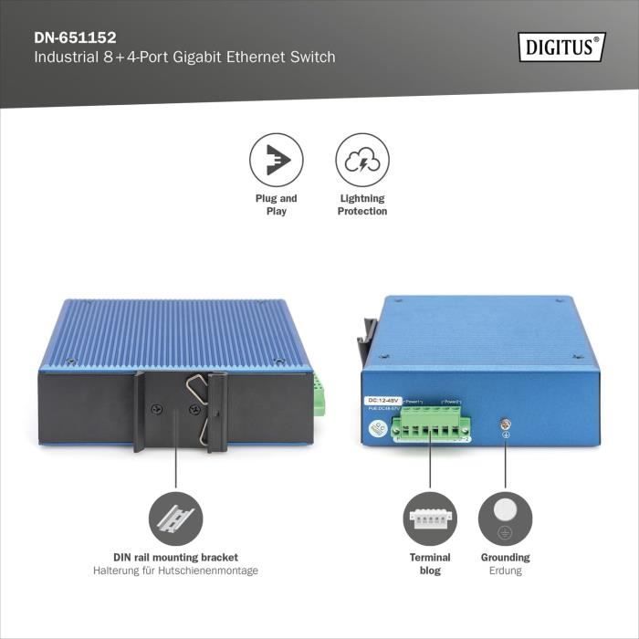 Switch réseau Industriel DIGITUS - 12 Ports Gigabit Ethernet - 8X RJ45 ...