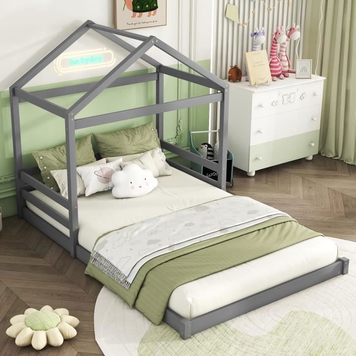 Lit cabane - DREAMMESPACE - 140x200 cm - Bois de pin gris - Design enfantin - Sommier à lattes