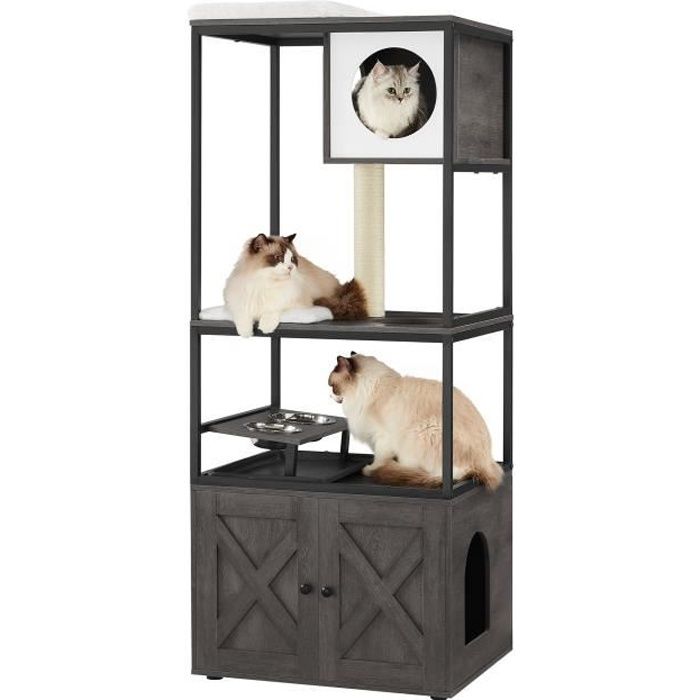 Comparer les prix de Feandrea Arbre à Chat, Maison pour Chat avec Cache-litière, Gamelles Surélevées, Poteau à Griffer en Sisal, Gris Brumeux