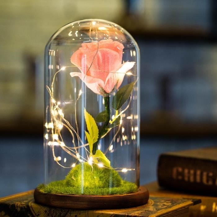 Couleur : Rose Fleur Éternelle Rose En Verre Couverture Avec La Lumière Décor À La Maison Décorations De Mariage Et Des Cadeaux Pour Les Femmes Saint-Valentin 