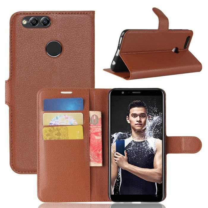 Pour Huawei Honor 7X Etui a rabat Housse Solid Couleur PU Cuir Portefeuille Pochette Protection Brun Cdiscount Telephonie