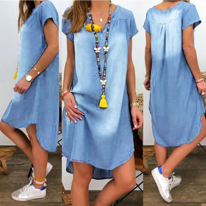 Robe En Jean Ample A Manches Courtes Pour Femmes Bleu M 102