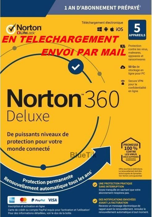 Avec CB - NORTON 360 DELUXE 2024 avec Abonnement - 5 Appareils PC MAC Android - 1 AN - 50GB CLOUD - Envoyé par email - ESD