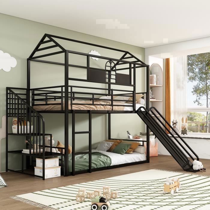 Lit Superposé Enfant 90x200cm En Métal Forme Maison - Design Loft Avec Petite Porte - Blanc