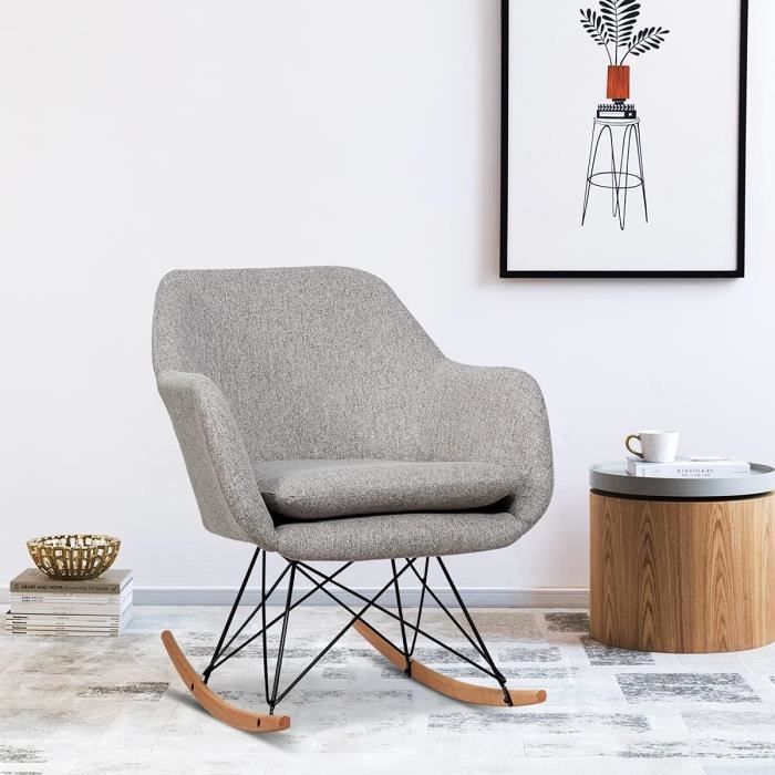 relax4life fauteuil à bascule avec dossier et accoudoir, pieds en métal et en bois de hêtre, chaise pour