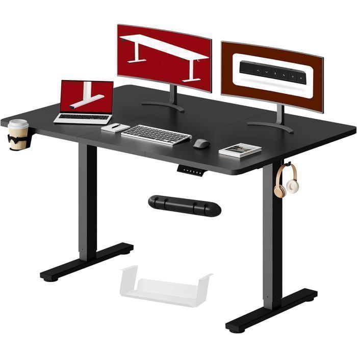 SANODESK 140x60cm Bureau Assis Debout Électrique avec Système Anti-Collision et Fonctions Mémoires Crochet/Porte-gobelet Noir
