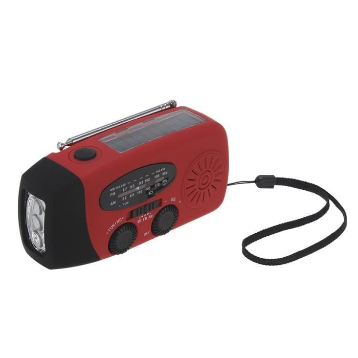 Radio Solaire - AM-FM - Dynamo - Lampe de Poche - Alerte Météo - Portable Rouge