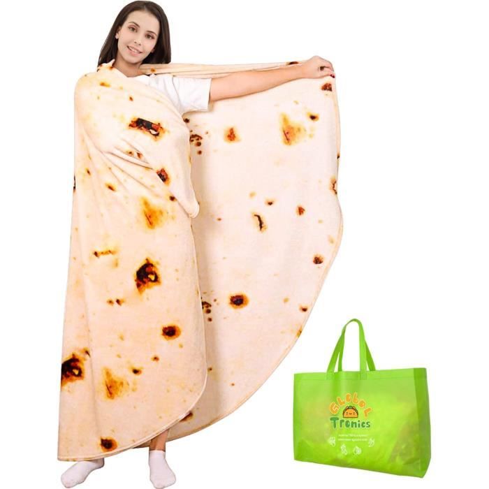 Couverture Burritos Géante En Flanelle – Double Face, Tailles 120x120 à 180x180 Cm – Design Tortilla Rigolo Et Doux