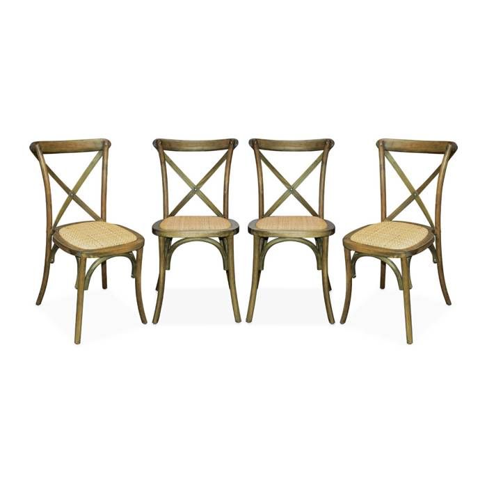 Lot de 4 chaises de bistrot en bois dhévéa marron vieilli. vintage. assise en rotin. empilables