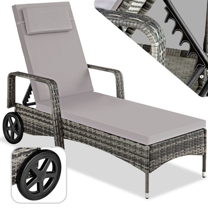 Bain de soleil - TECTAKE - Chaise longue en rotin de jardin CASSIS à roulettes dossier réglable en 6 positions - Gris Bain de soleil - TECTAKE - Chaise longue en rotin de jardin CASSIS à roulettes dossier réglable en 6 positions - Gris