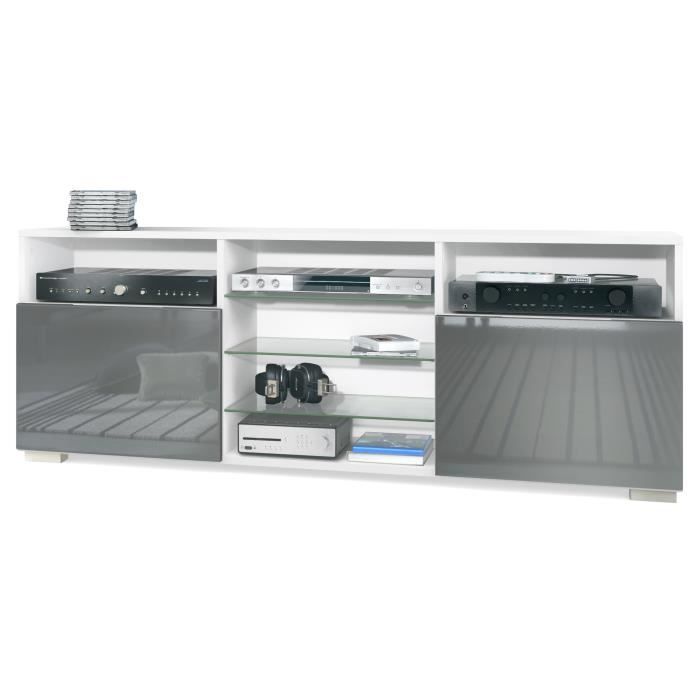 Meuble TV Granada Lowboard avec 2 portes et 6 compartiments ouverts blanc mat-gris haute brillance Meuble TV Granada Lowboard avec 2 portes et 6 compartiments ouverts blanc mat-gris haute brillance