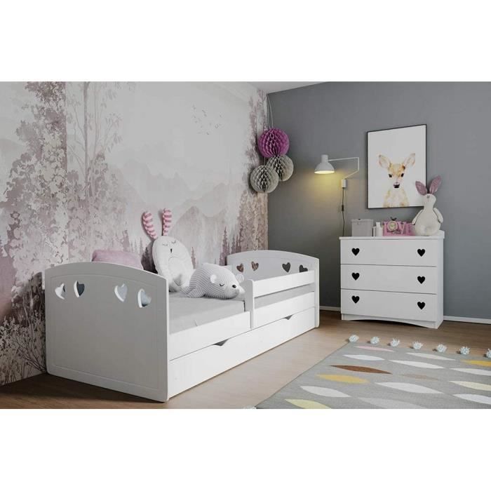 Lit Simple 160x80 cm pour Enfant avec Matelas et tiroir Inclus | Parfait pour Les Filles | Sécurité maximale | 160x80 cm, Blanc