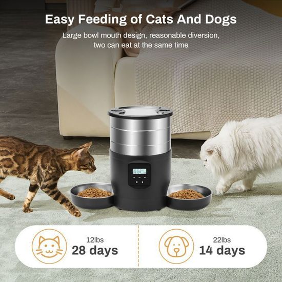 Distributeur Automatique Croquettes Double Bol Pour Chat/chien - Connecté WiFi, Acier Inox, 4.5L